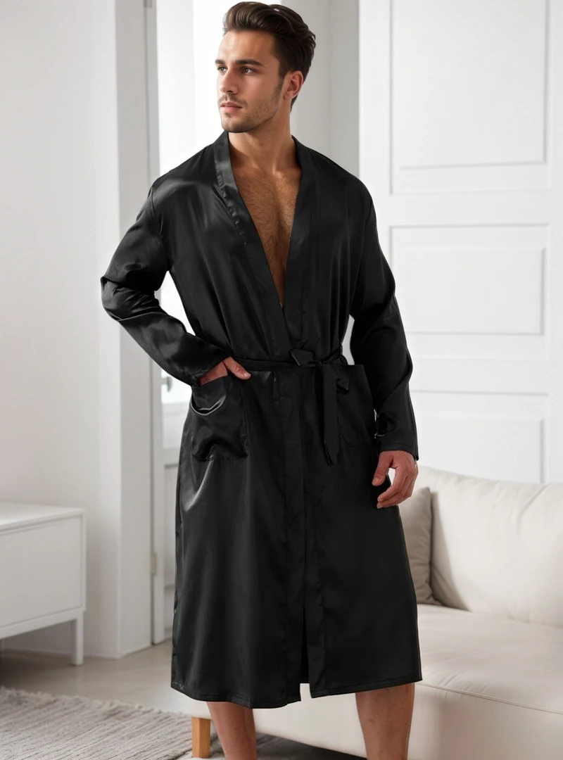 

Comfortable Men's Black Satin Pajama Set V-Neck Long Sleeve Robe With Shorts Casual Sleepwear And Homewear For Summer Plus Size