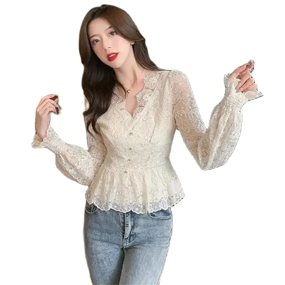 

Petal Sleeve Blouse Design Lace Blouses Shirts Lady Blusas Tops French Retro Lace Shirt V-neck Slim Temperament Fairy