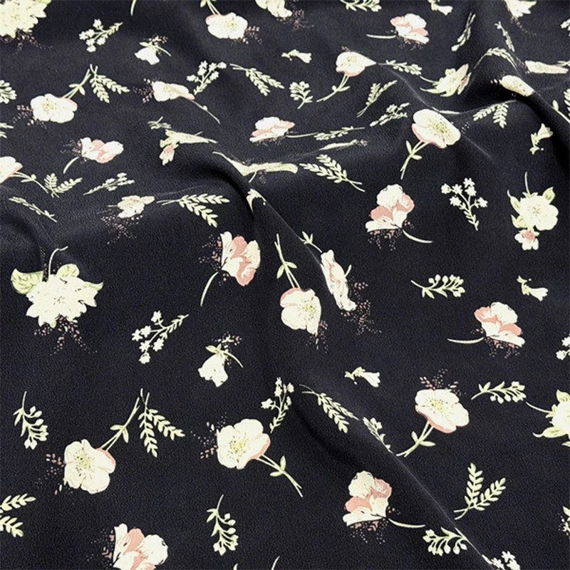 

1 meter 100% Mulberry Silk 16 momme Crepe Silk Fabric Black Floral Printed 138cm 54" wide by the yard XL442