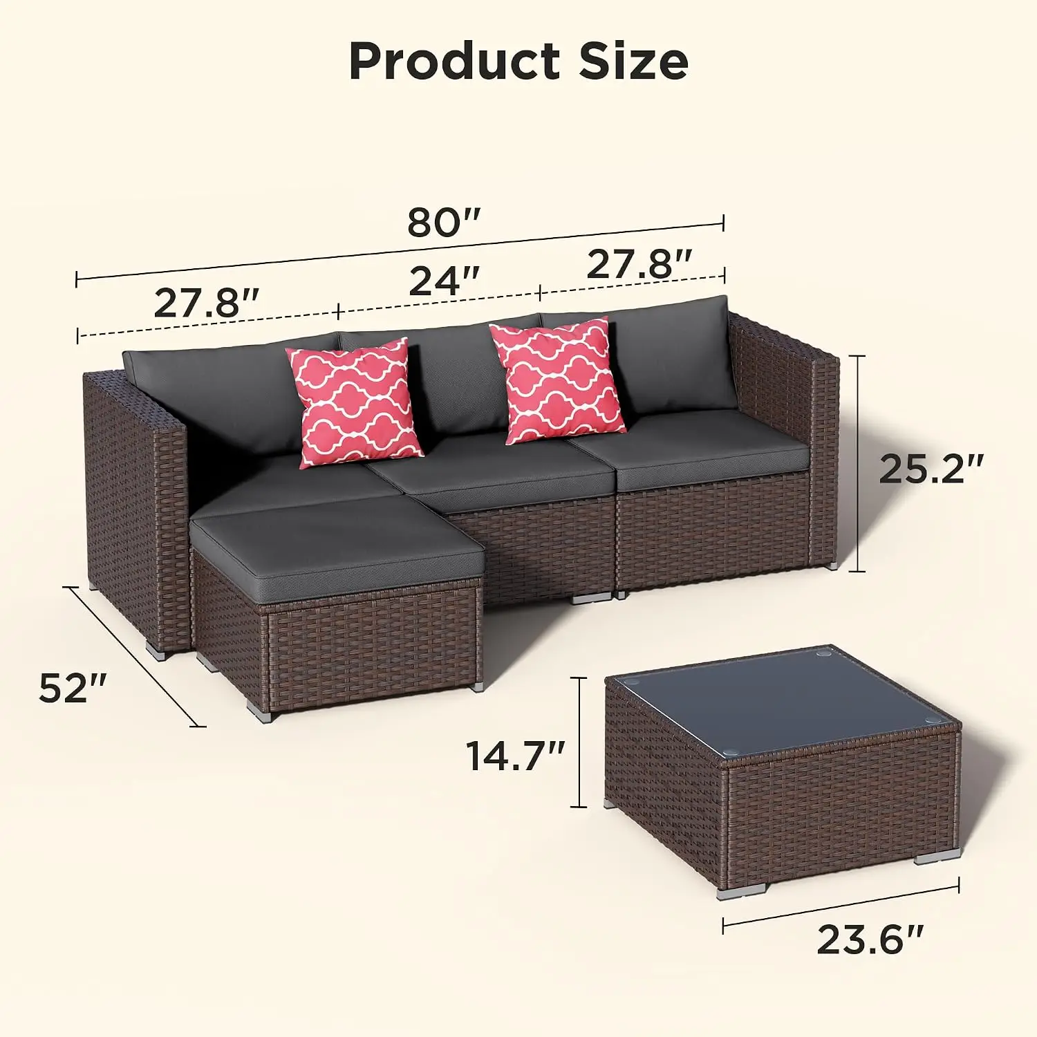 5-Piece PE Rattan Patio Furniture Set with Cushions & Glass Table for Garden Backyard Porch, Customized