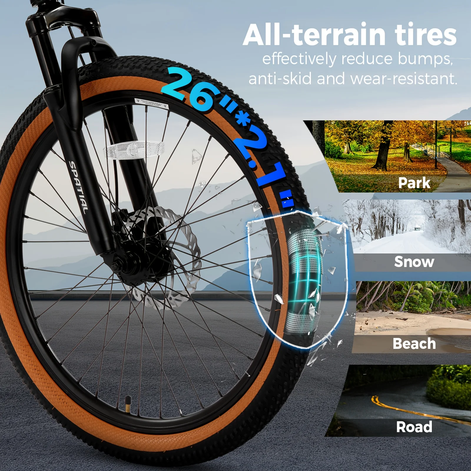 دراجة جبلية SPATIAL مقاس 26 بوصة بإطار سميك، وإطار من الألومنيوم مع فرامل قرصية مزدوجة وتعليق للبالغين #5