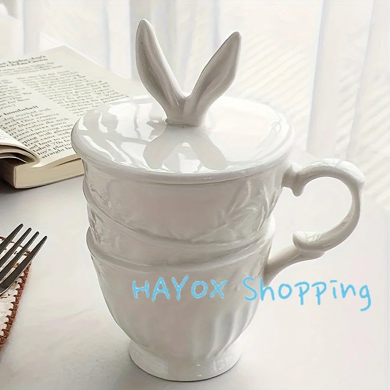 Charming Princess Rabbit Ears Ceramic Cup，Coffee Milk Cup with Lid and Handle, Microwave Safe, Suitable for Afternoon Tea Mug