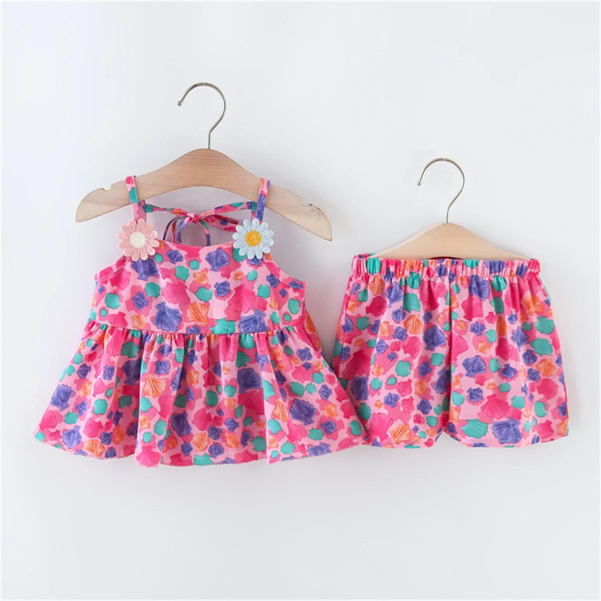 Summer 2-piece/set baby girl suspender set baby girl cartoon colored shell print daisy suspender shorts children\'s clothing