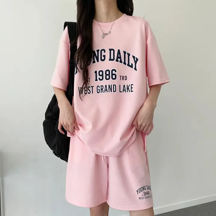 Estate alla moda coreana donna casual sport 2 pezzi pantaloncini larghi set moda cotone dimagrante girocollo manica corta 2 pezzi abiti