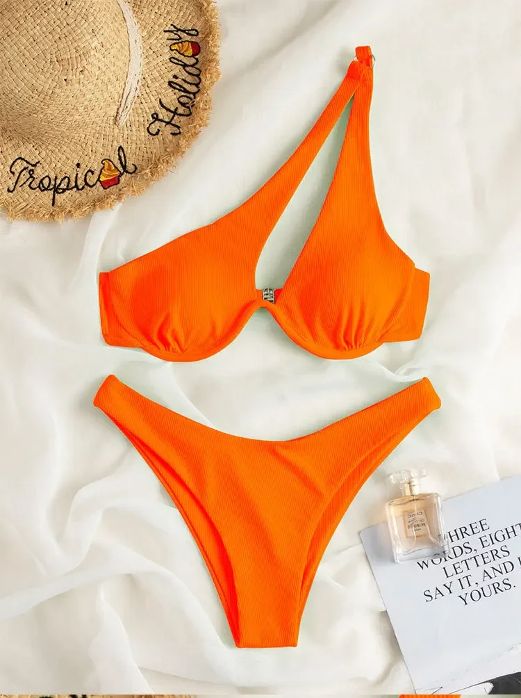 Vzvn 2026 Conjunto de Bikini de un Hombro con Corte Alto, Push Up, Sexy, con Recortes, para Mujer