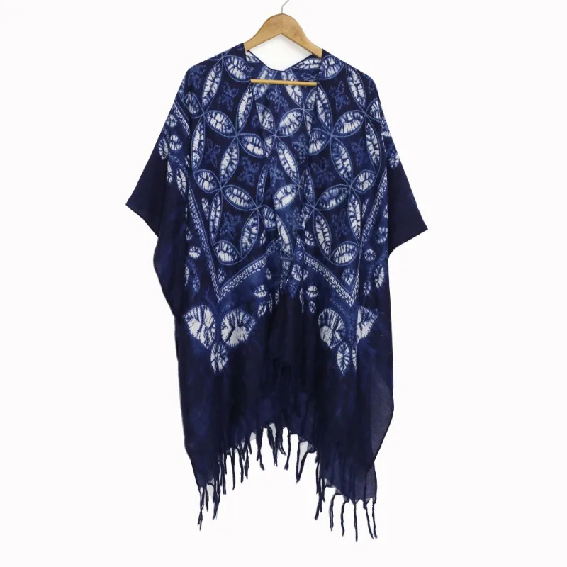 Women Ethnic Print Tassel Kimono Shawl Sun Protection Beach Wrap For Spring Summer