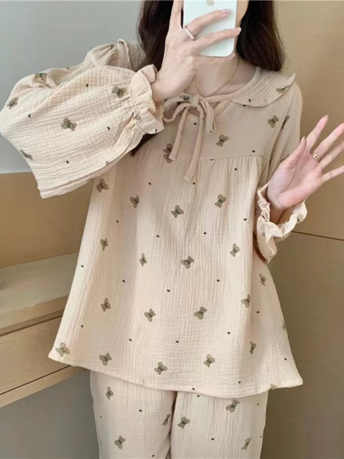 

Adorable Cartoon Bear Long Sve Spwear Women's Loose Home Clothes Set Spring New Sle Sweet Home Living Polyester Fiber