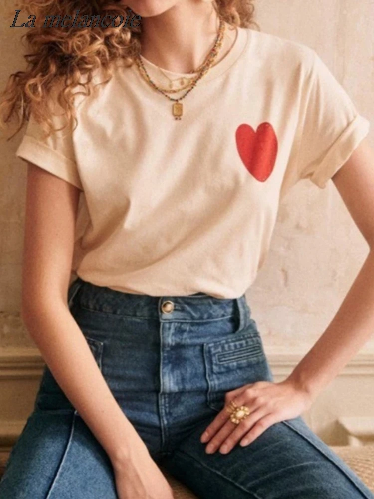 

Heart Print T-Shirts For Woman French Classic Cotton T-shirt Summer 2024 New Fashion Casual Loose Short Sleeve O-Neck Tee Tops