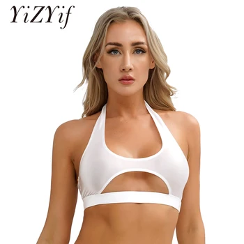 Women Glossy Sleeveless Crop Top Oil Shiny Cutout Sports Fitness T-shirt Tee Workout Cheer Booty Dance Tops Sexy Party Clubwear