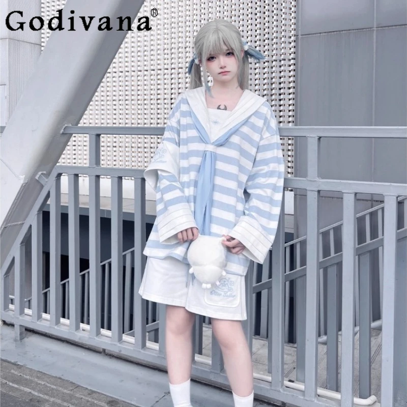 

Original Japanese Subculture Navy Collar Striped T-Shirt Short 2-piece Set Summer New Girl's Women Sweet Cool Loose Slim Tops