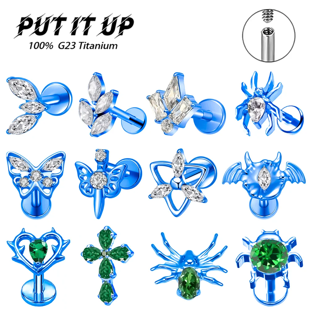 PUTITUP F136 Titanium Alloy Blue Anodised Zirconia Stud Earrings Fashionable Ear Cartilage Piercings Body Piercing Jewellery