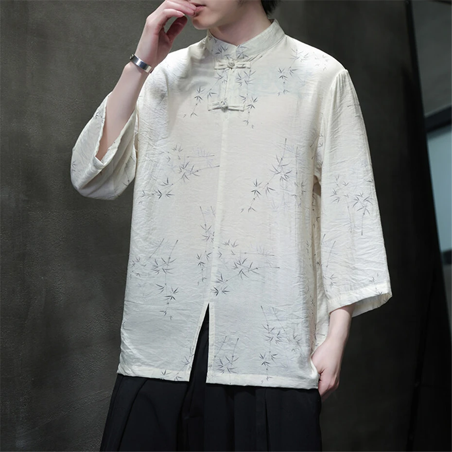 Large Size Bamboo Print Tees Tops Mens Streetwear Vintage Disc Buckle Casual Polo Shirts Harajuku Loose Short Sleeve T-shirts