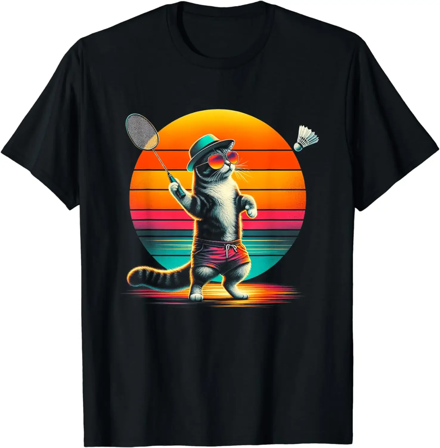 

Cool Cat Playing Badminton Graphic Tee Retro Sunset Striped Beach Summer Vacation T-Shirt