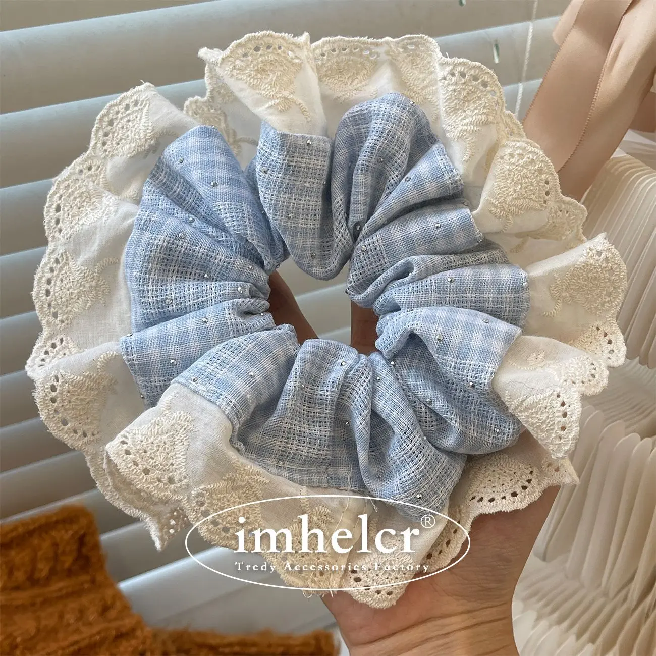 Cream Blue Color Hair Scrunchies Double Layer Lace Trim Hair Ties Drill Decor Women Ponytail Holder Sweet Hair Bands Headwear