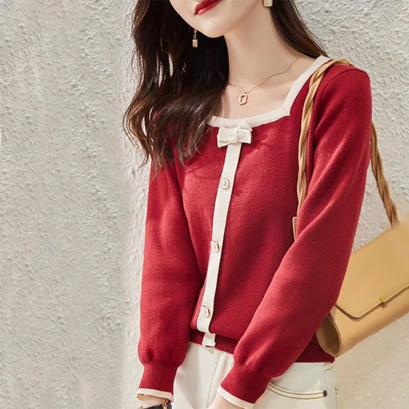 Fashion Women\'s Elegant Bow Square Collar Thin Knitted Pullovers 2022 Spring Autumn Blouse New Button Spliced Long Sleeve Shirt