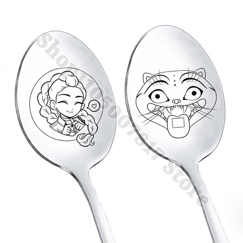 KPop شيطان الصيادين أنيمي الفولاذ المقاوم للصدأ ملعقة شوكة الكرتون مقبض طويل ملعقة شوربة لطيف ملعقة كبيرة القهوة خلط ملاعق الهدايا