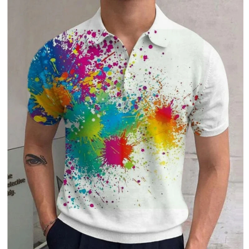 Homens 3D cor do arco-íris listra impressão camiseta polo, lapela camisas de manga curta, blusa casual de golfe extragrande, botões tops, moda