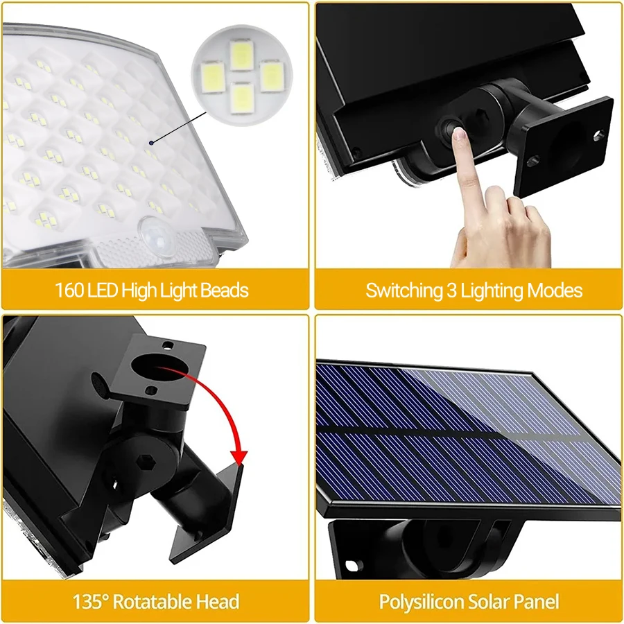 Luz solar ao ar livre 160 holofotes led ip65 à prova dip65 água sensor de movimento indução humana solar inundação segurança luzes parede 3 modos