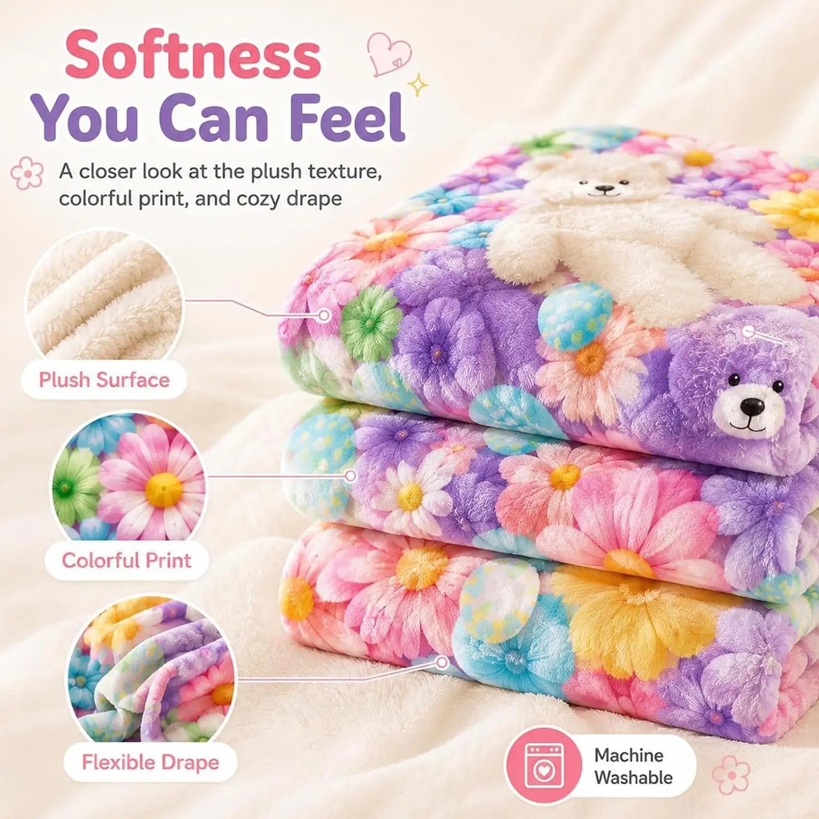 3D Fluffy Teddy Bear Floral Egg Pastel Print Flannel Blanket Soft And Comfortable All-Season Blanket Suitable Travel Blankets - view 4