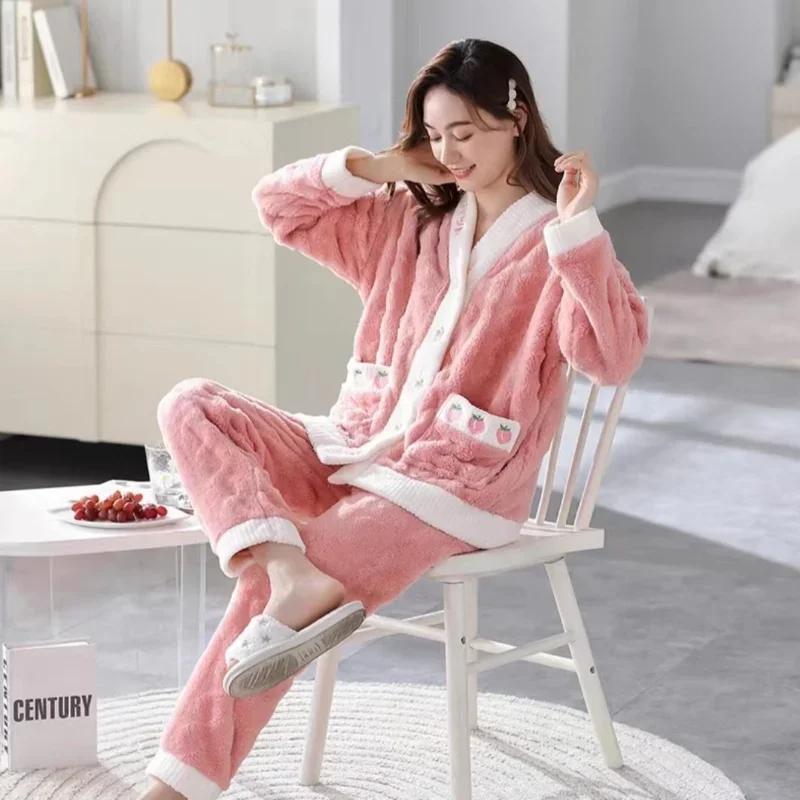 Women Winter Fleece Pajama Set V-neck Long Sleeve Fashion Warm Casual Cardigan Coral Fleece Strawberry Soft Home Wear Clothes
