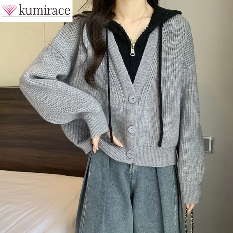 

Popular short hooded sweater jacket for women's early autumn plus size fake two-piece knitted cardigan top sweaters for women