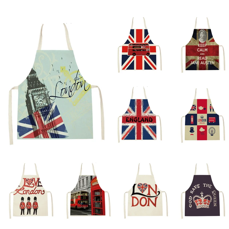 London British Flag Pattern Kitchen Aprons Women Men Retro Telephone Booth Bus Print Pinafore Household Cleaning Cooking Aprons