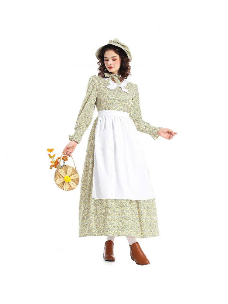 Grembiule Dr con stampa floreale gialla Costume Pioneer loween Performance sul palco Vita alta in poliestere Primavera Autunno Dr da donna