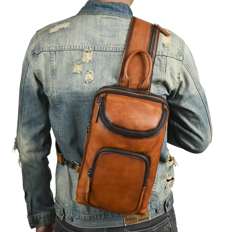 Real leather men's high-grade chest bag bright face color multi-pocket large capacity travel crossbody bag
