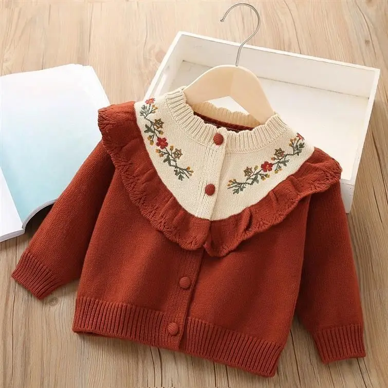 

Boys Girl Sweaters Cardigans Embroidery Flowers Toddler Long Sleeves Knitwear Jackets Kid Knit Clothes Tops Autumn Baby Sweater