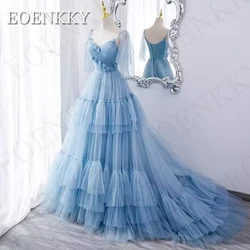 Romantic Tiered Tulle Blue Prom Dresses 2024 Spaghetti Straps A Line 3D Flowers Celebrity Party Dress V Neck فساتين حفلة موسيقية