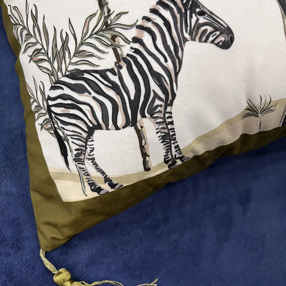 ESSIE HOME Tropical Animal Zebra Palm Tree Velvet Cushion Cover Pillow Case With Tassel