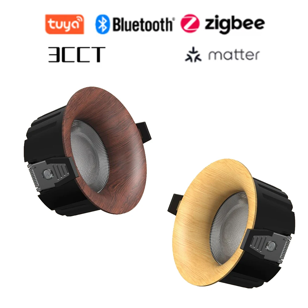 Wood Grain Recessed LED Downlight 5W-18W Natural Wood Style 3CCT Tuya Bluetooth/Zigbee Matter Smart LED Ceiling Light for Home