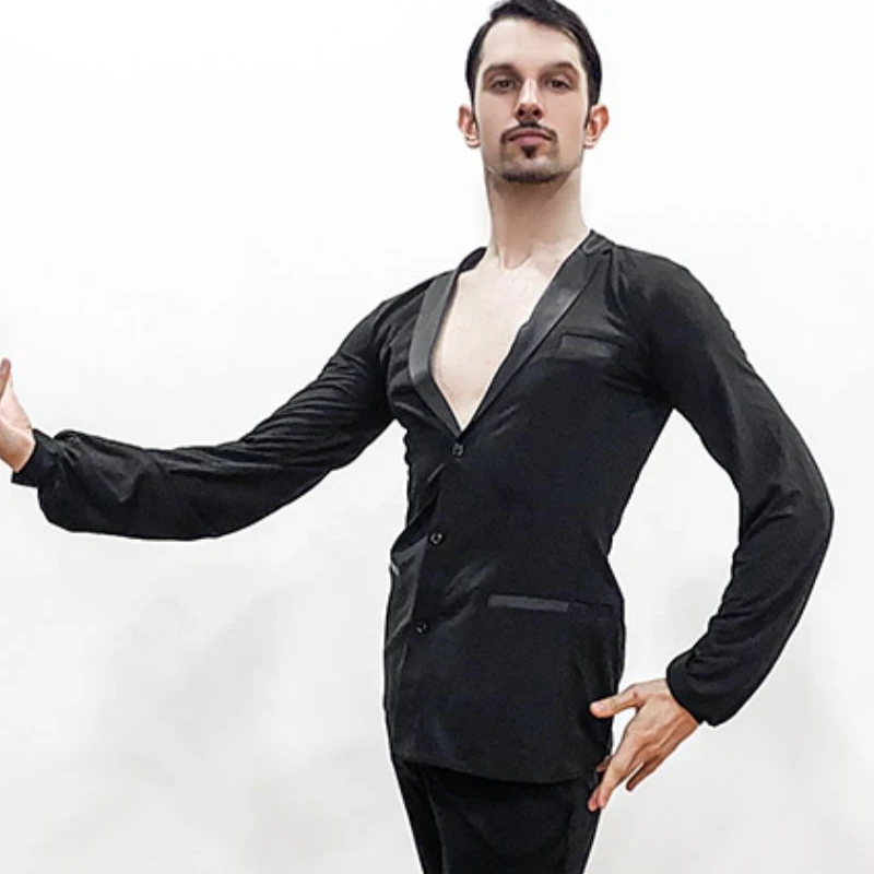 Latin Dance Tops New Men Ballroom Competitive Shirts  Black Long Sleeve High Quality Stretch Shirt Performance Costume DQS1217