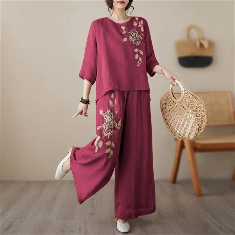 

Cotton And Linen Retro Embroidery Set Women's Summer Suits Pullover Linen Shirt Lightweight Wide Leg Pants Cotton Two-Piece Set