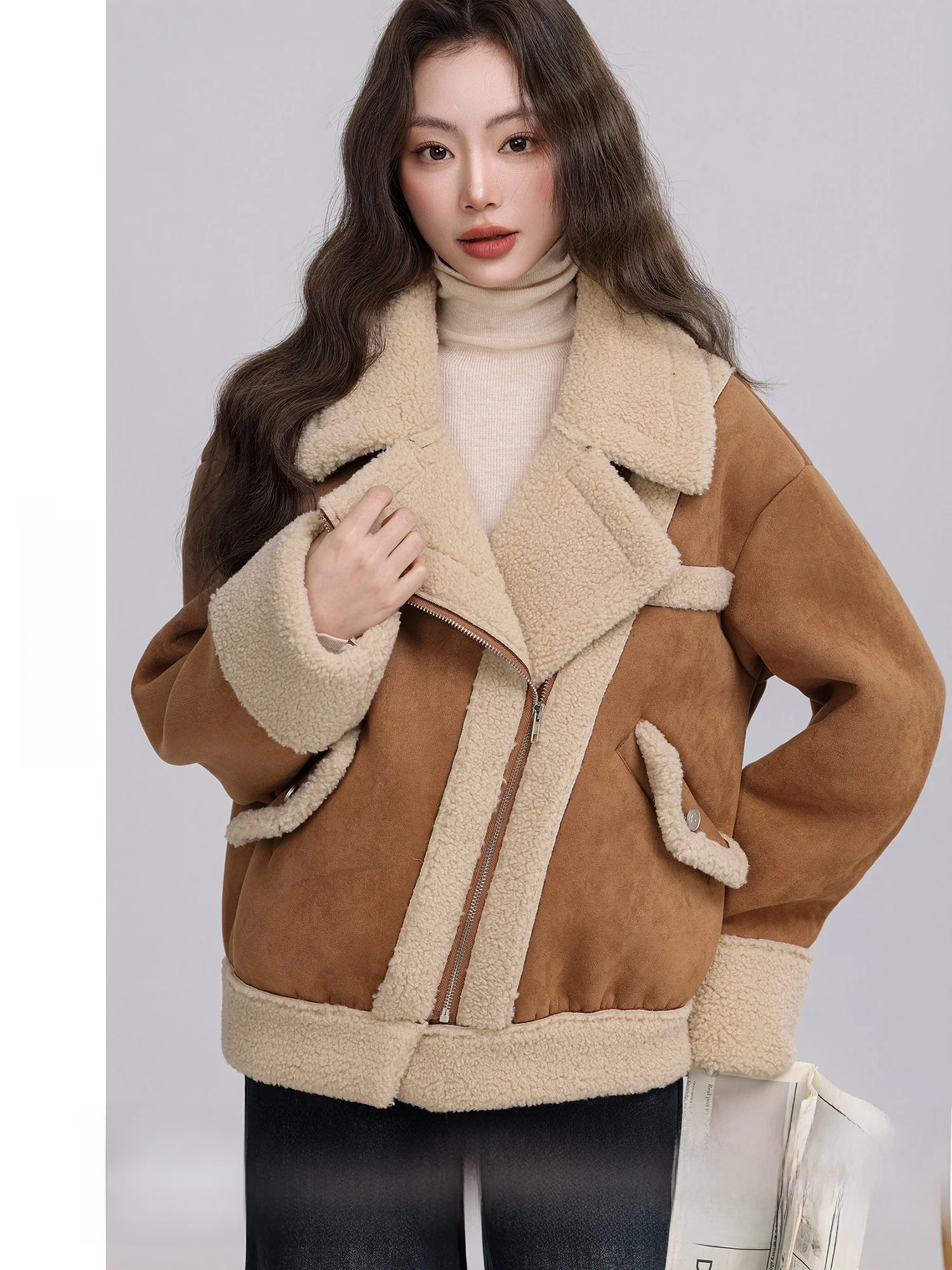 Warme koffiekleurige retro jas Damesjas van imitatiebont en leer Kleur Blo Winterbuitenkleding Sli Cact Design Damesmode