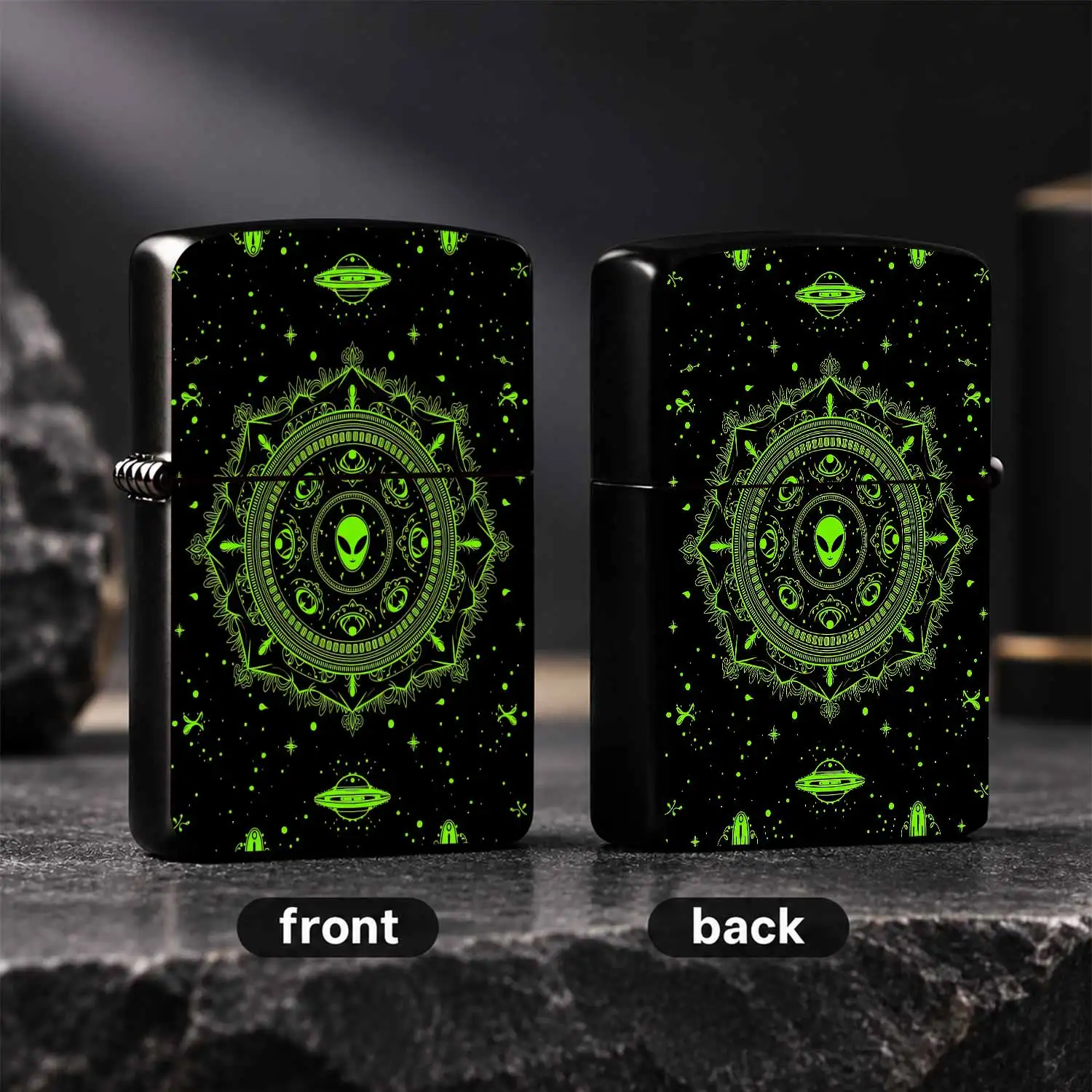 Creative Alien Mandala Pattern Lighter, Neon Green Psychedelic Ufo Starry Sky Print Portable Igniter, Stylish Exotic Cosmic Themed Accessory For Daily Carry, Outdoor Camping Travel Use, Unique Novelty Gift For Sci-Fi En A Humorous And Inter