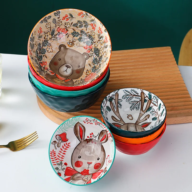 Cute Rabbit Ceramic Bowls with Underglaze Color, Creative Cartoon Deer Antler Rice Bowl, Household Kitchen Utensils, Soup Bowl 3