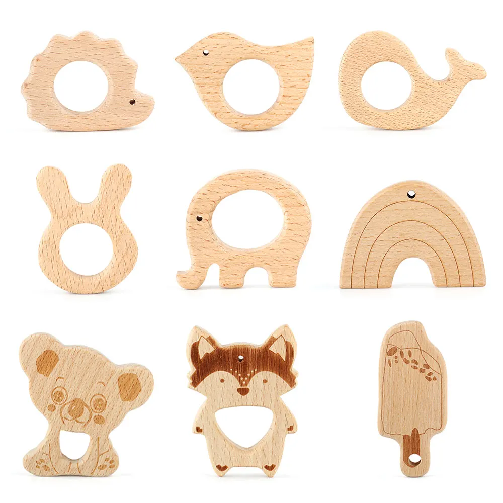 1pc Wood Baby Teether Food Grade DIY Baby Rodent Tiny Rod Toy Product Cartoon Animals Natural Beech Wooden Baby Teething Teether