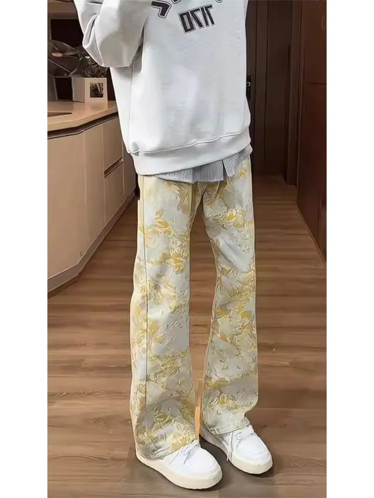 

Мужские джинсы с золотой вышивкой, с высокой талией, широкими штанинами, в американском уличном стиле, для весны и осени, износостойкие, прямого кроя