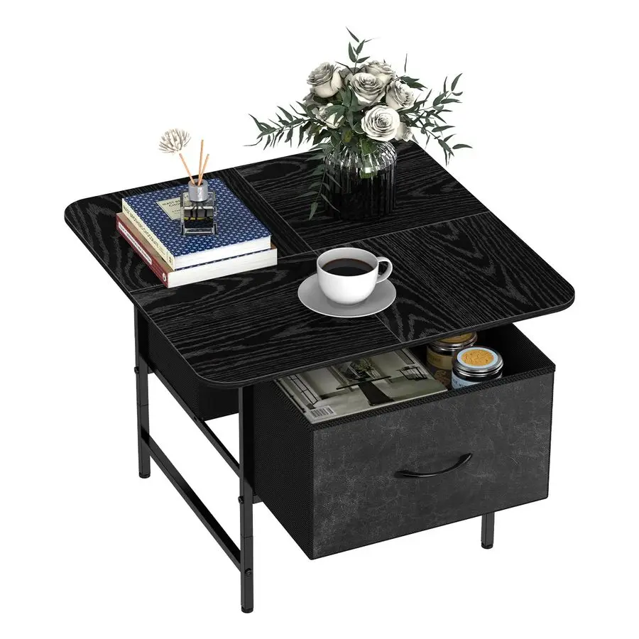 

Square Coffee Table with Storage Drawer,Small Black Coffee Tables for Living Room,2Tier Farmhouse Center Table with Round Corner