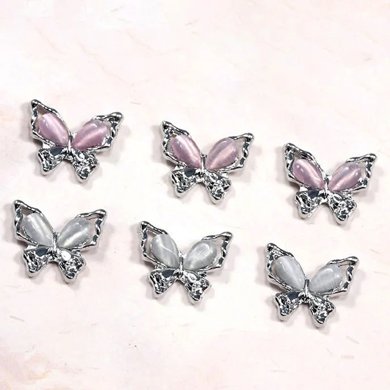 10Pcs Hollow Cat's Eye Butterfly Nail Art Charm Luxury Silver Bottom Nail Art Rhinestone Decoration 3D Alloy Manicure Ornaments