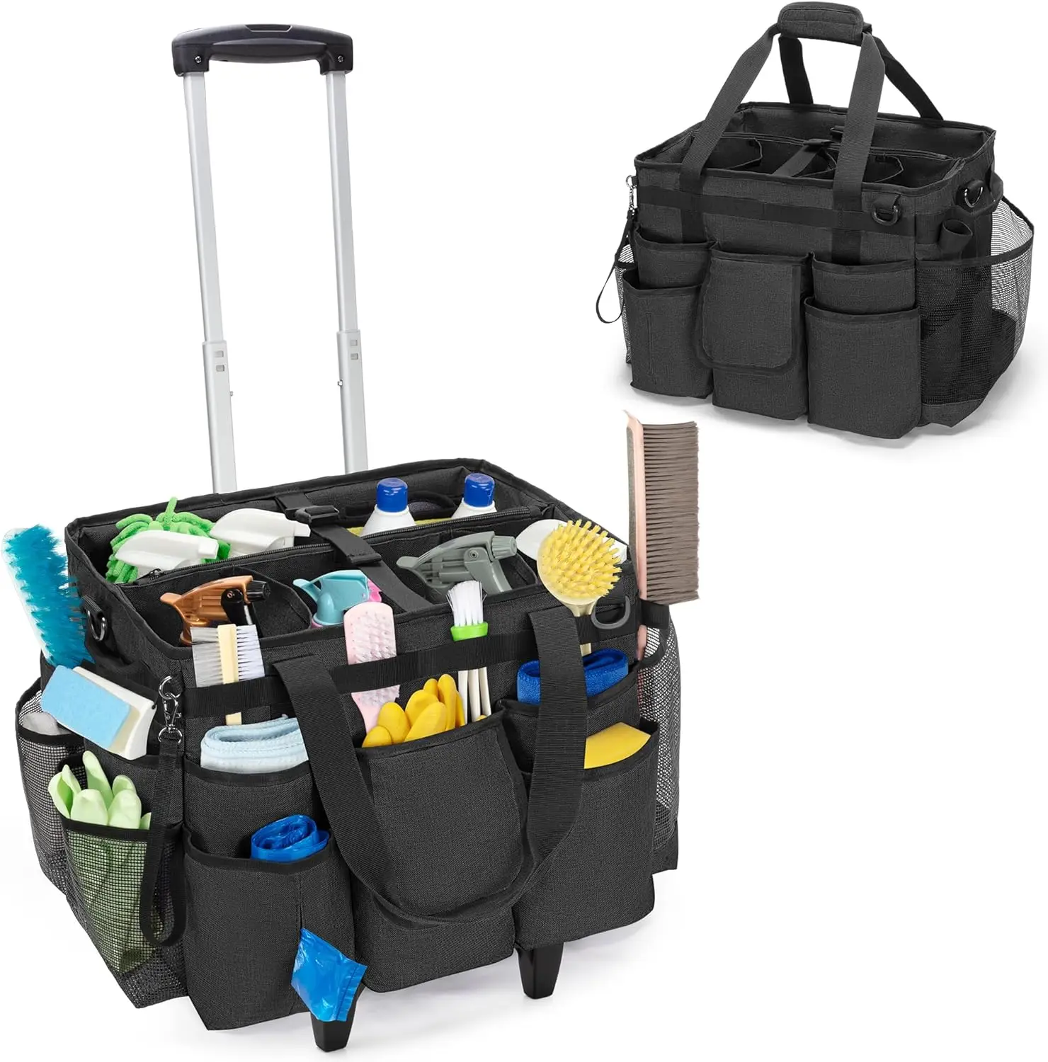 

Detachable Trolley Rolling Cleaning Bag with Adjustable Height, Large Storage for Housekeeping Supplies, Black