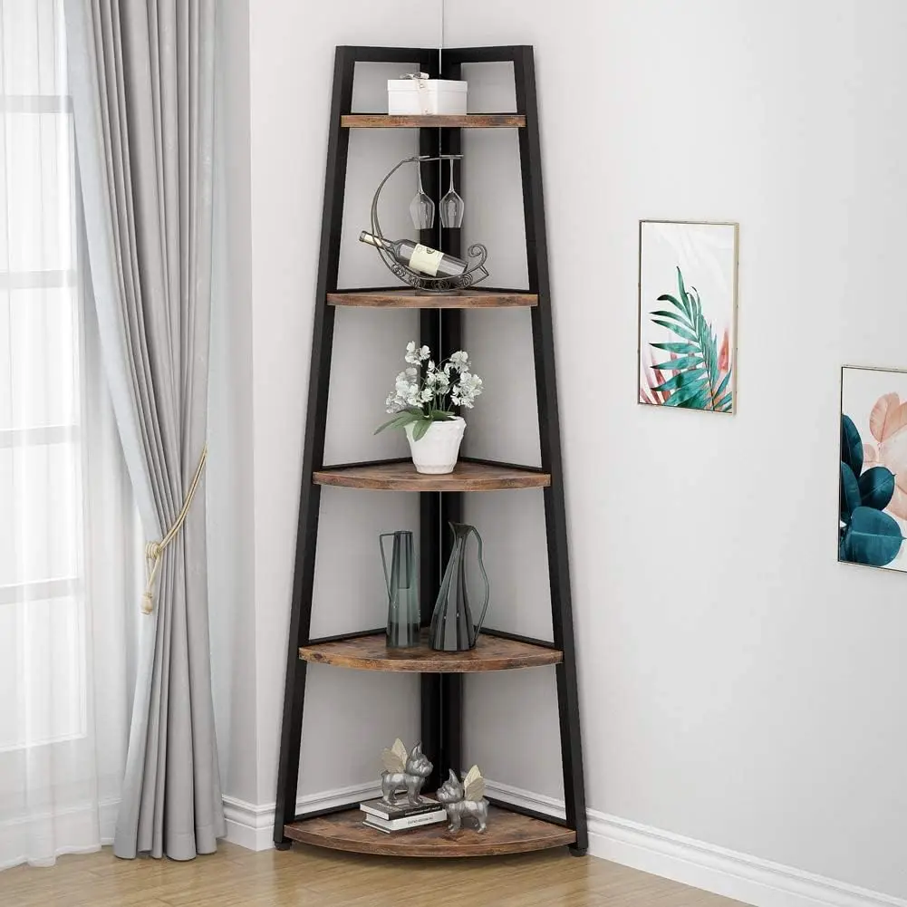 70 inch Tall Corner Shelf, 5 Tier Rustic Corner Bookshelf Bookcase Industrial Corner Ladder Shelf Plant Stand for Liv