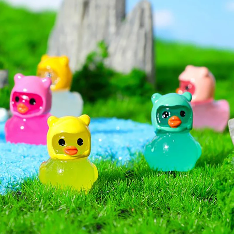 1PC Cute Animals Micro Landscape DIY Accessories Luminous Miniature Duck With Bear Hat Fluorescence Fairy Garden Decoration