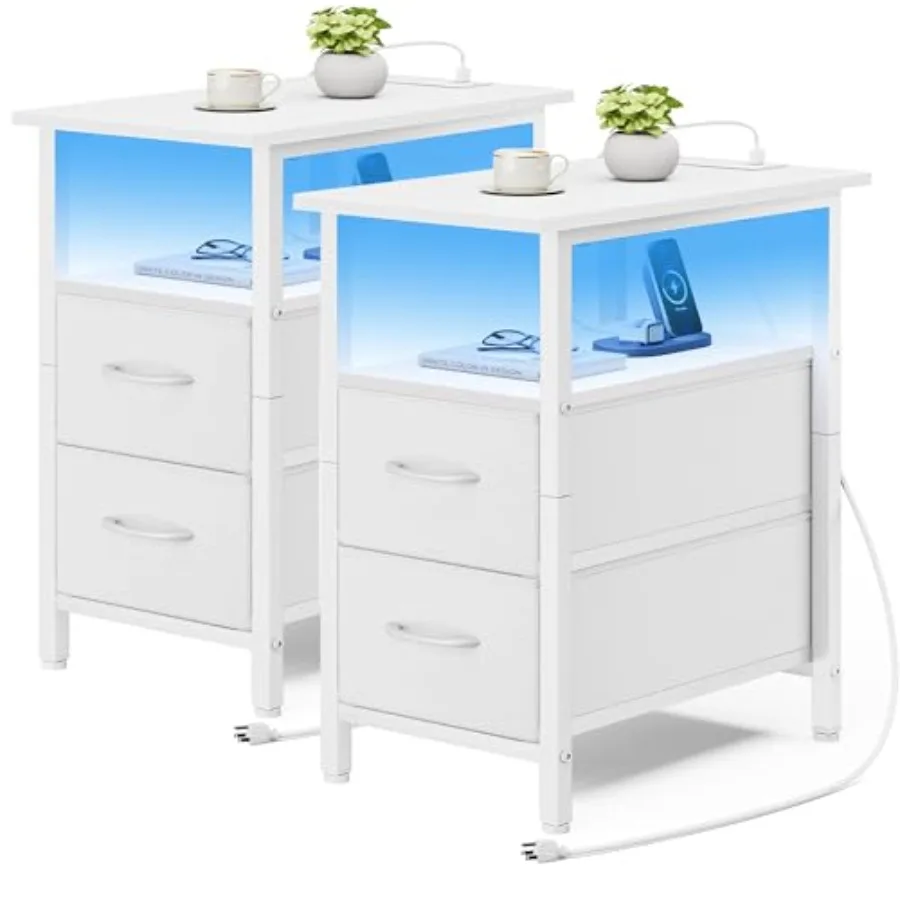 

Комплект из 2 белых узких прикроватных тумбочек с зарядной станцией и LED-подсветкой, прикроватные столики с 2 тканевыми ящиками, маленькие высокие тумбочки