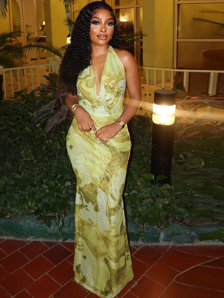 Siostra gwiazda 2025 damska świeża moda z nadrukiem Backless elegancka sukienka z rybim ogonem wąska sukienka z głębokim dekoltem w szpic