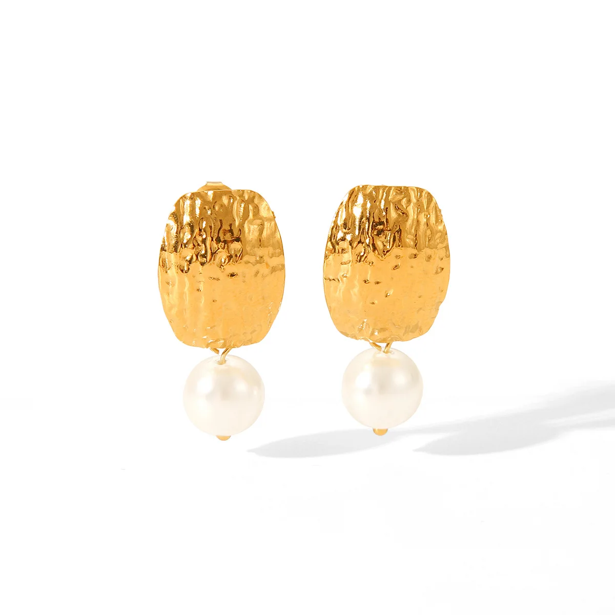 Hammered titanium steel stud earrings, 18k gold stainless steel hoop earrings, niche high-end pearl ear jewelry, versatile