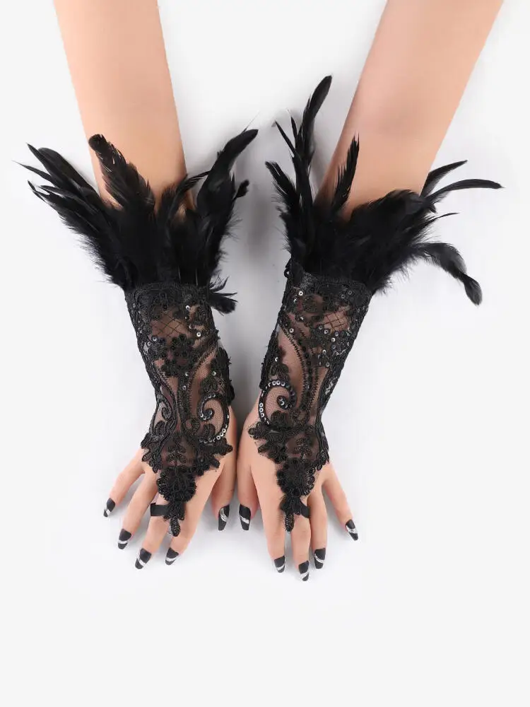 Guantes de dedo con gancho de plumas para Halloween, bola de fiesta, pulsera de encaje negro, accesorios de manga, guantes de protección solar para conducir y ciclismo