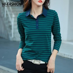 HI-FASHION Spring Turn-Down Collar Cotton T-Shirts Women Yellow Striped Casual Long Sleeve Tshirt Loose Woman Office Tops
