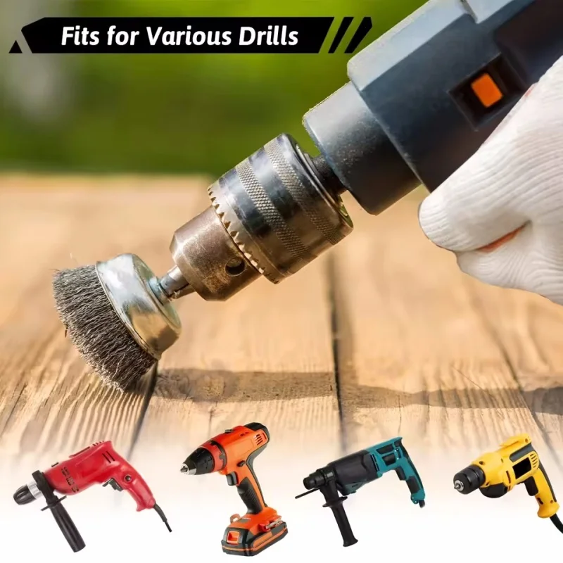 3Pcs Steel Wire Brush Set, Cup Brush & Wheel Brush with 1/4 Inch Hex Shank, Coarse Carbon Steel Crimped Wire Brushes for Drill view 6